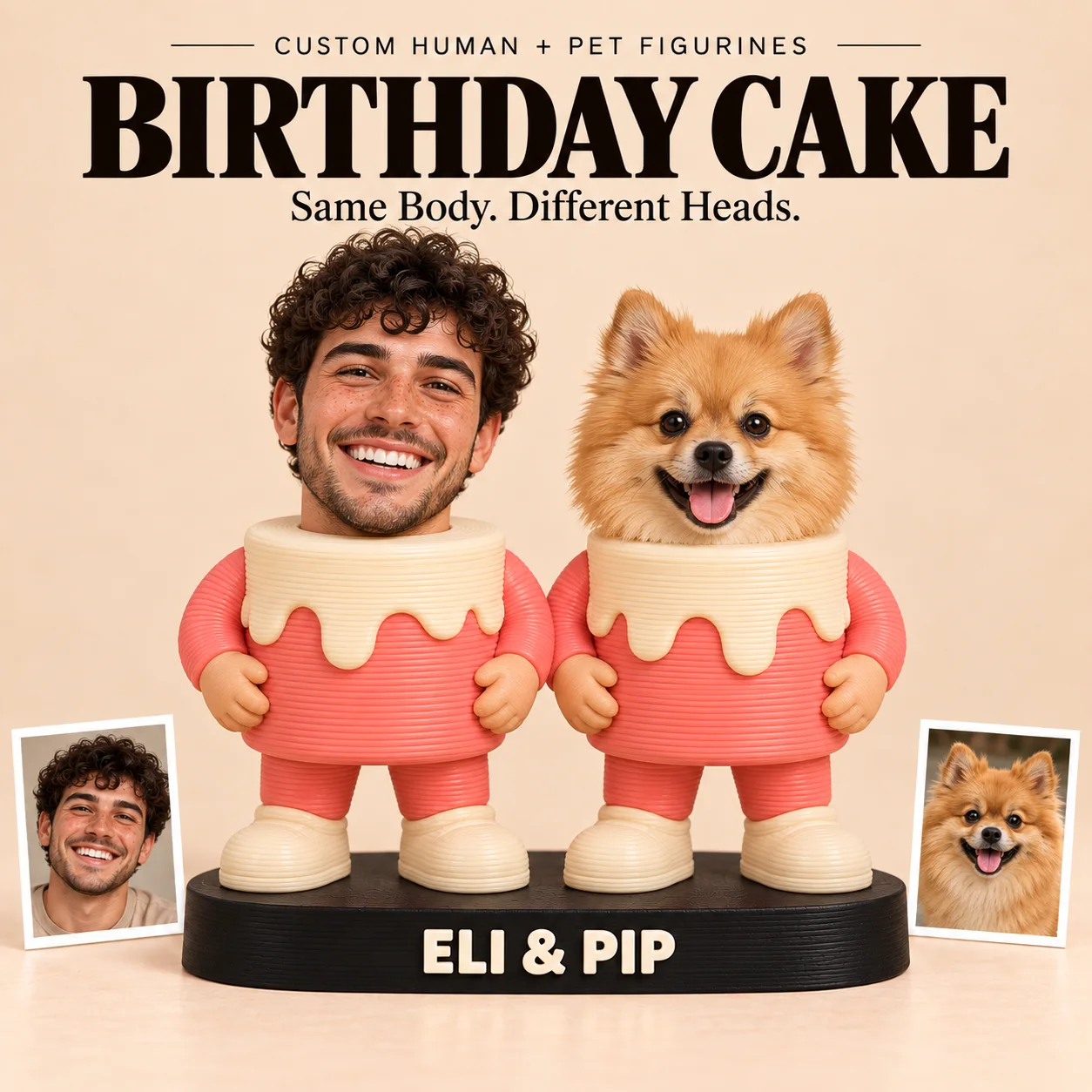 Styled Birthday Cake matching human and pet figurine design with example reference portraits