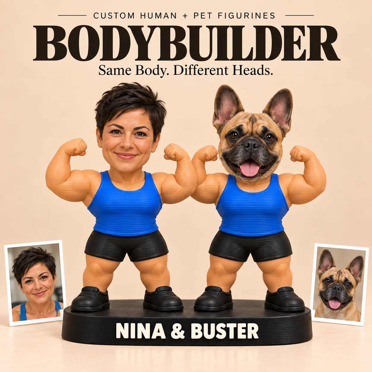 Styled Bodybuilder matching human and pet figurine design with example reference portraits
