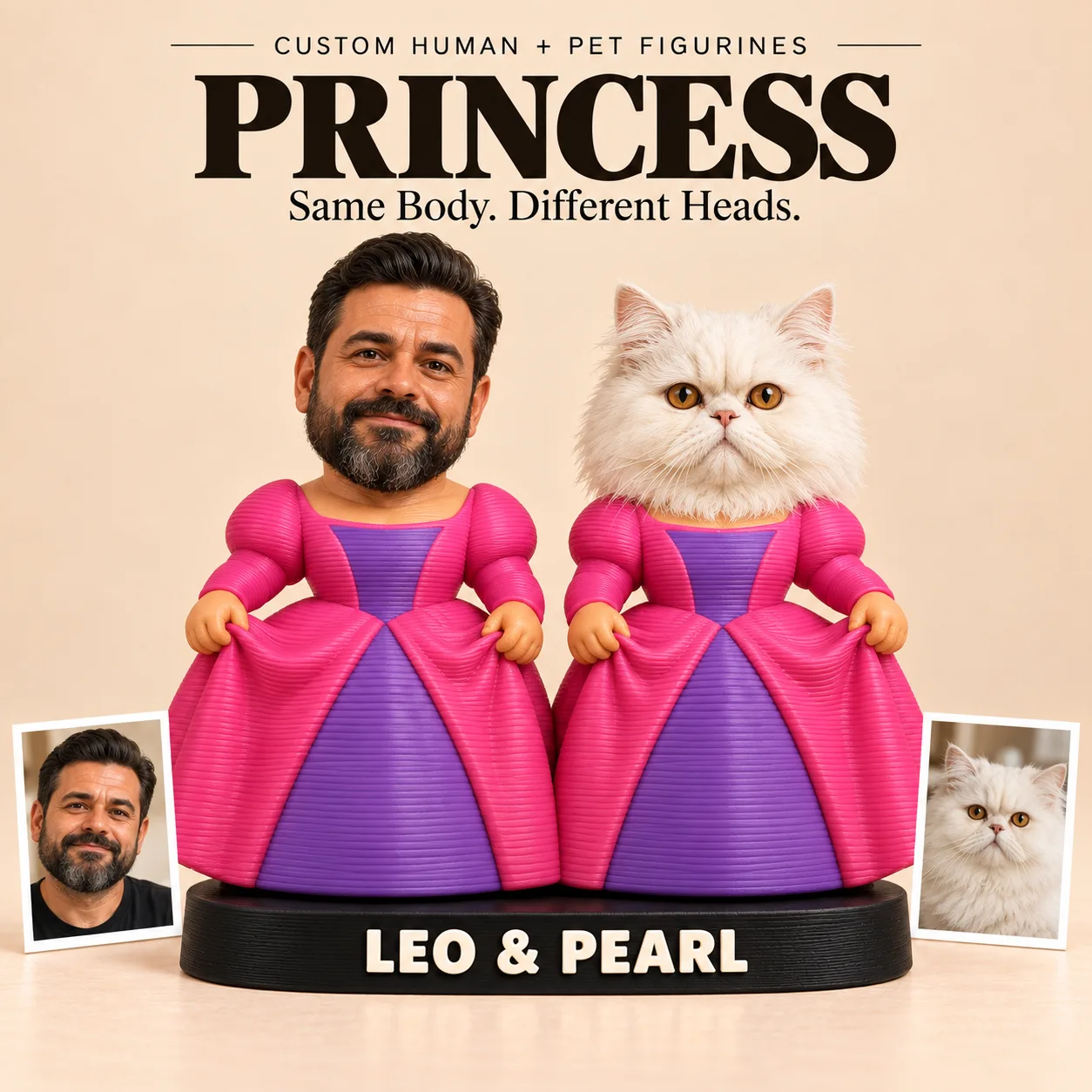 Styled Princess matching human and pet figurine design with example reference portraits