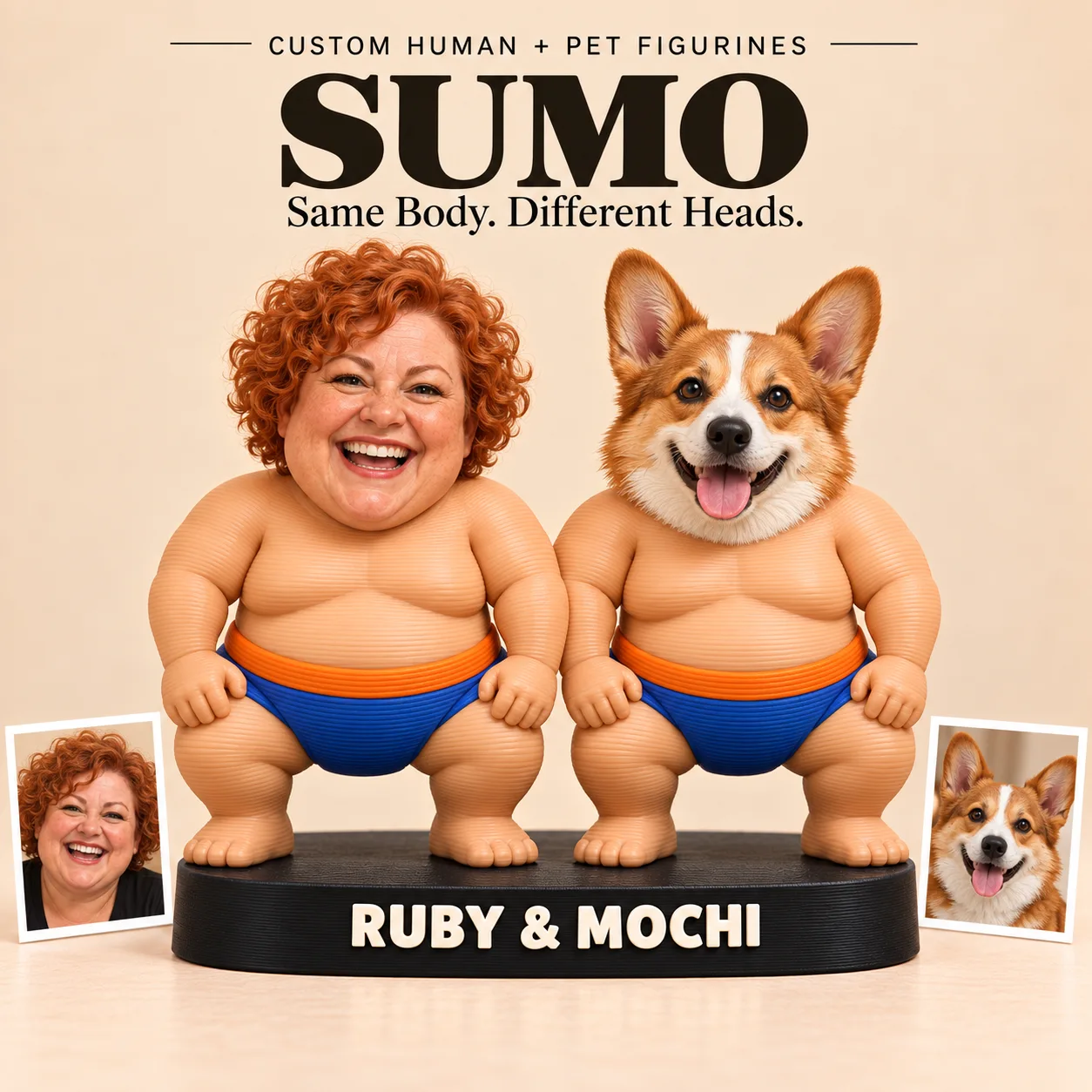 Styled Sumo matching human and pet figurine design with example reference portraits