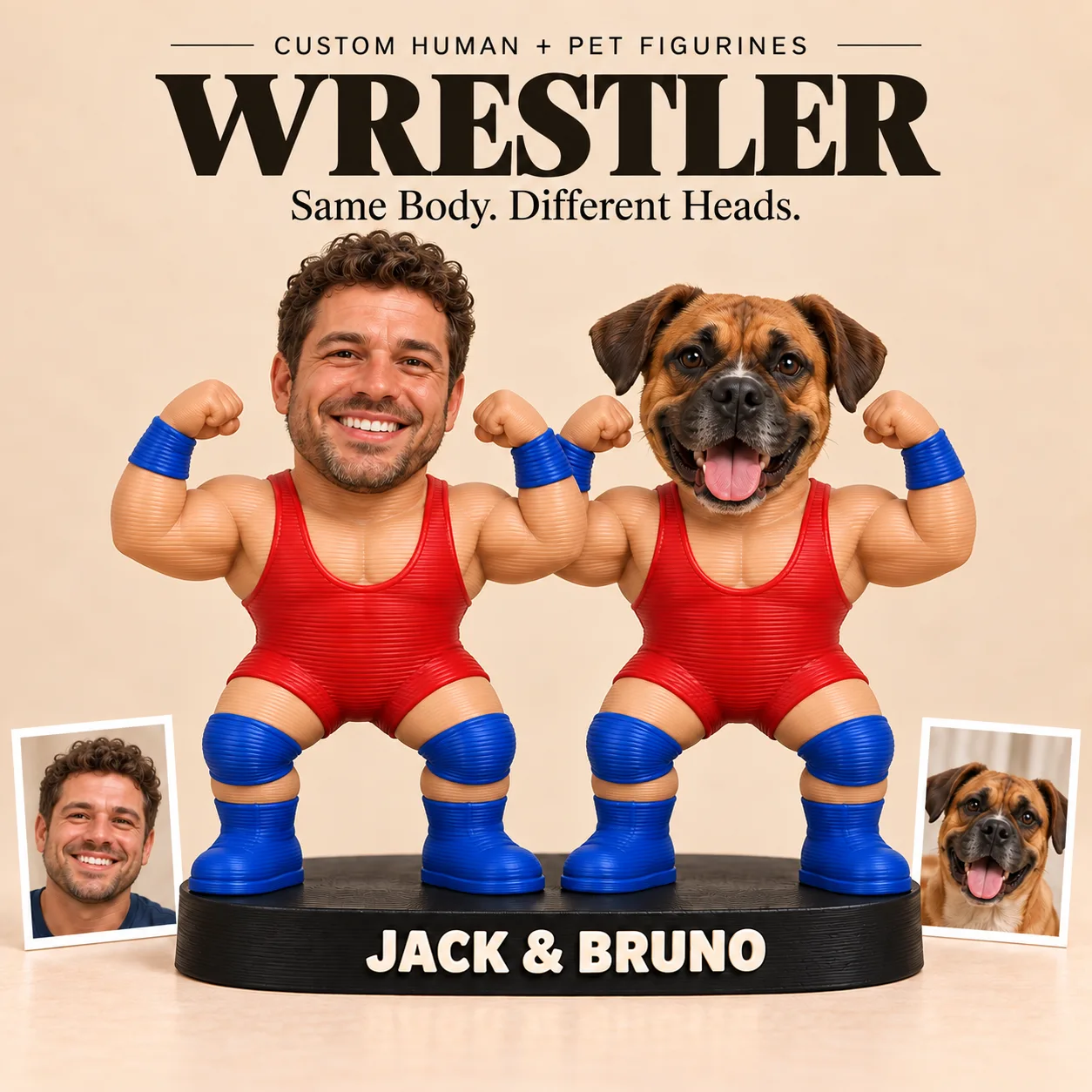 Styled Wrestler matching human and pet figurine design with example reference portraits