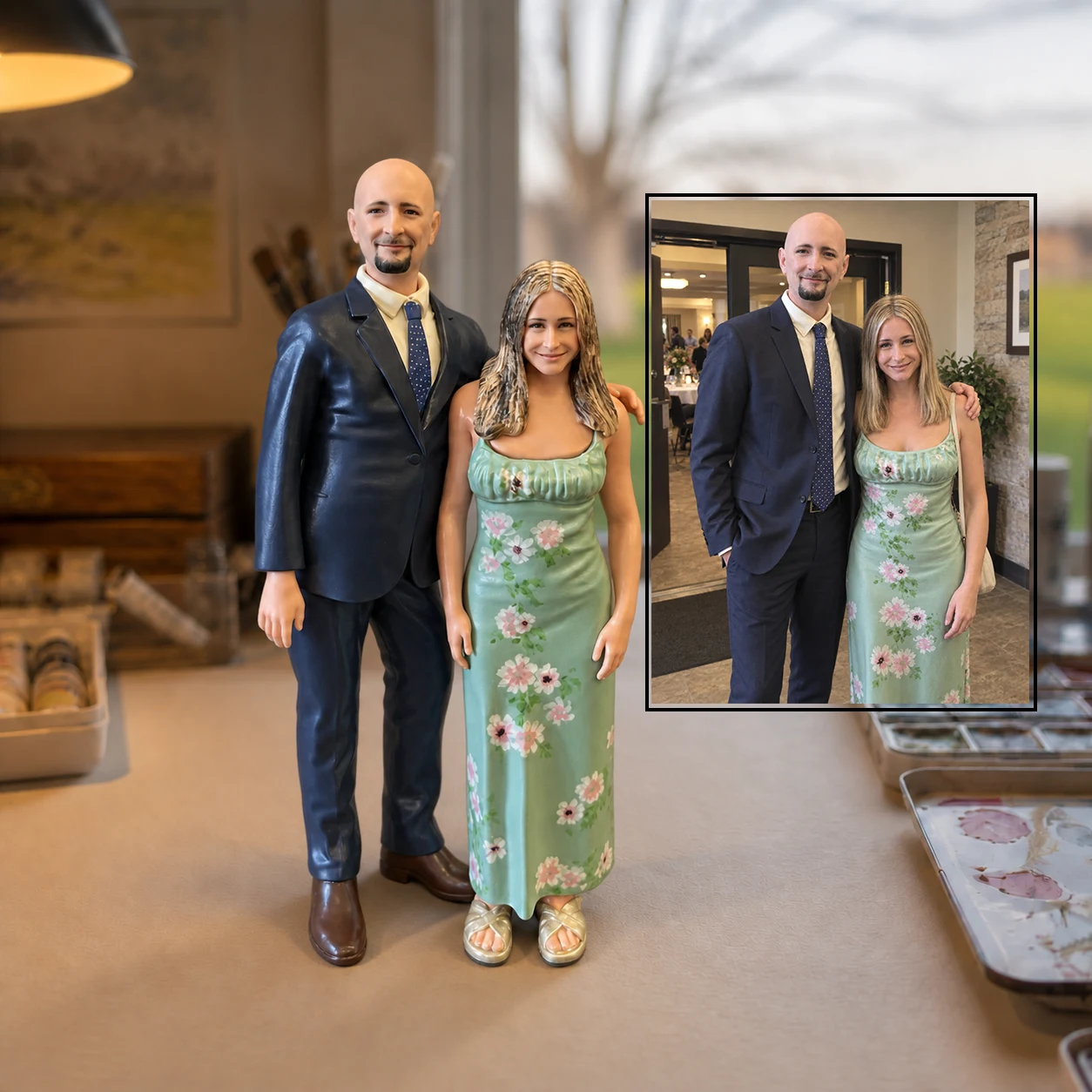 Two portrait figurines in a suit and floral dress with their reference photo in a supplied comparison composition