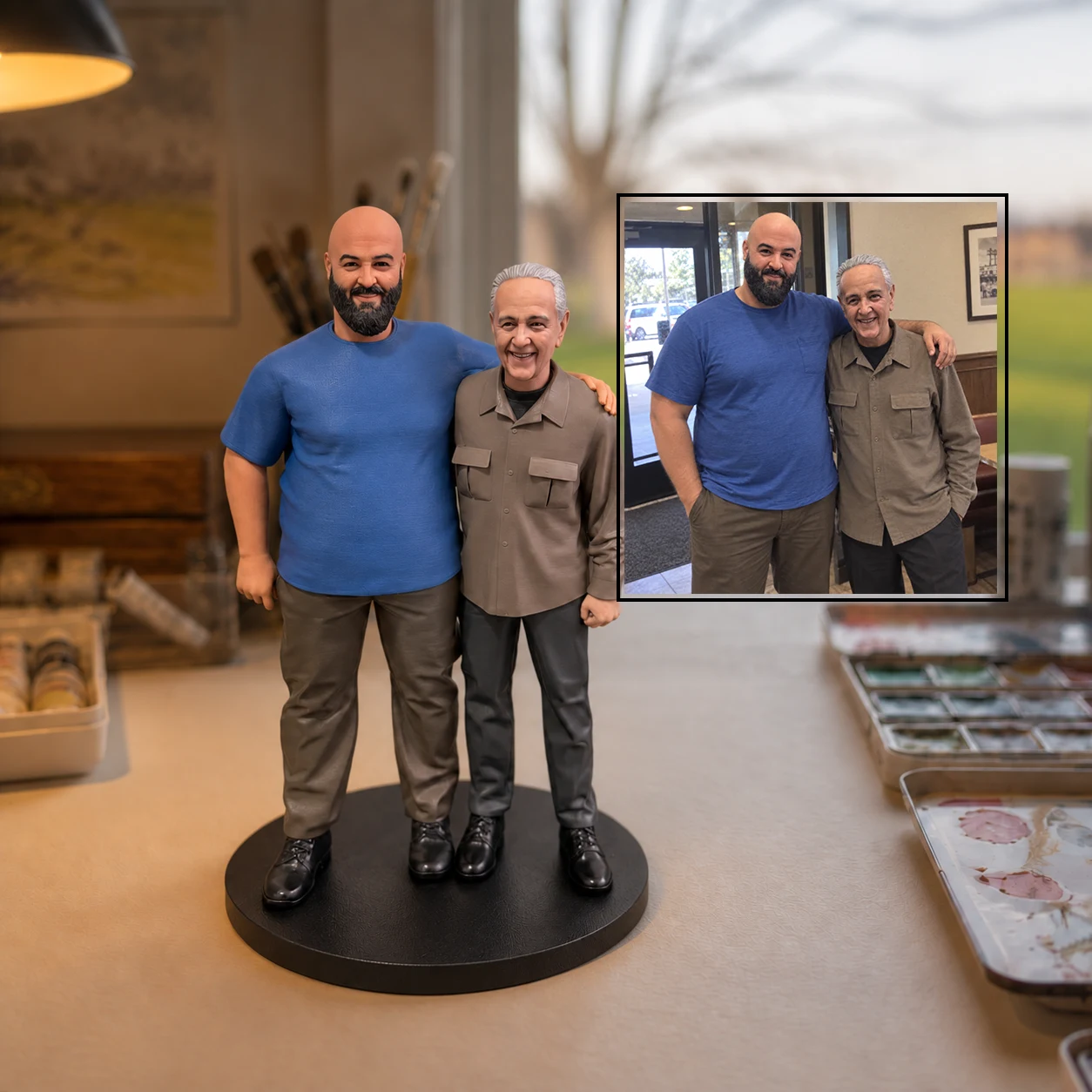 Two male portrait figurines with their reference photo in a supplied comparison composition