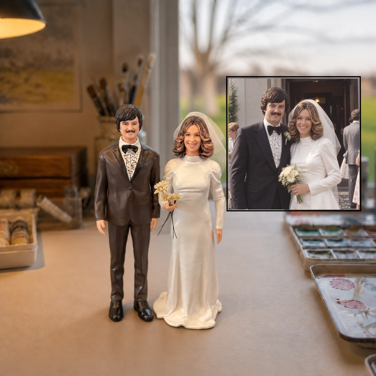 Two wedding figurines with their reference photo in a supplied comparison composition