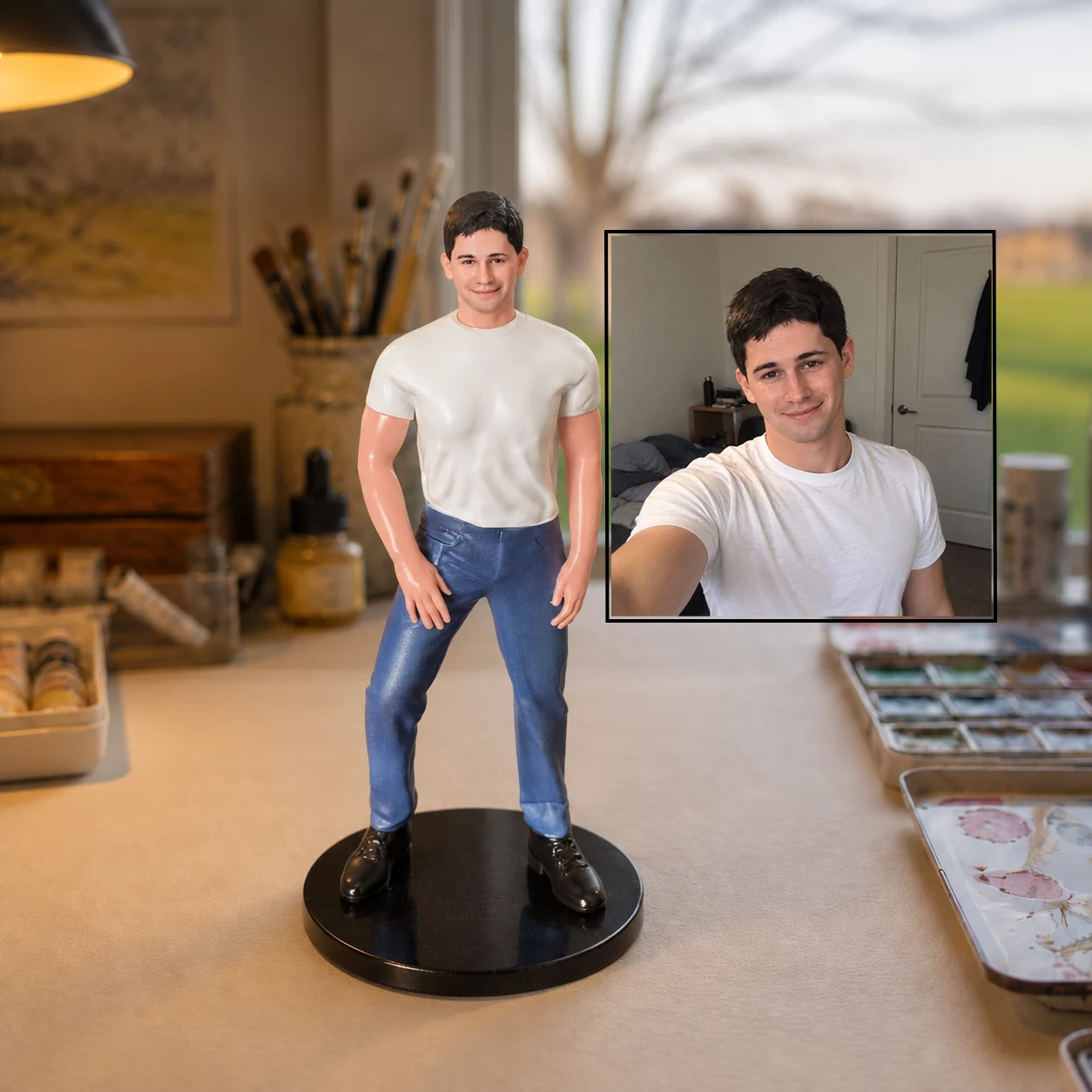 White T-shirt portrait figurine with its reference photo in a supplied comparison composition