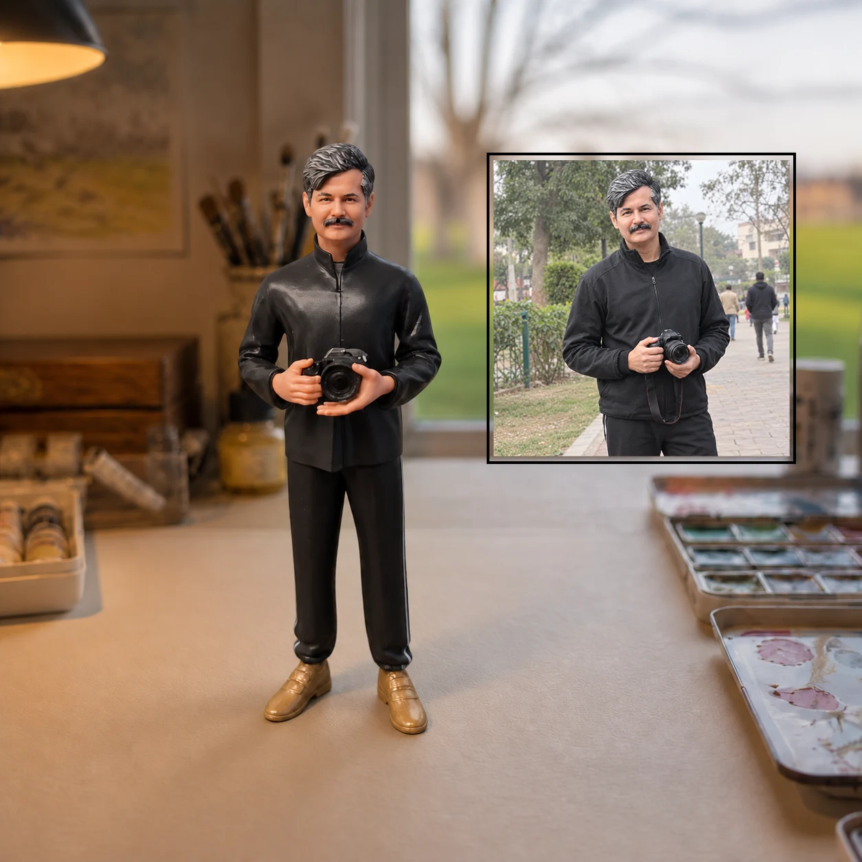 Portrait figurine holding a camera with its reference photo in a supplied comparison composition