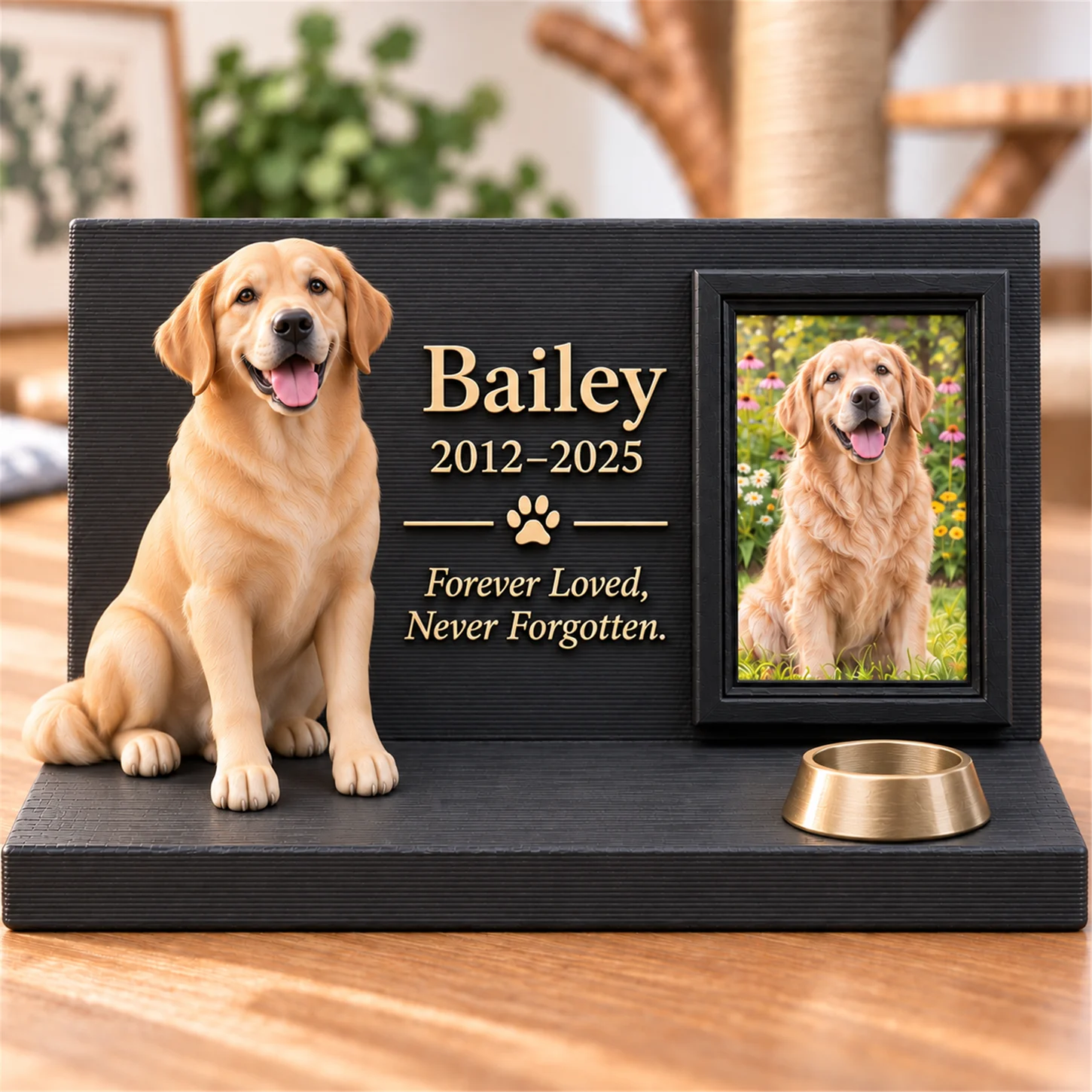 Supplied pet keepsake design featuring a golden retriever and optional memorial text