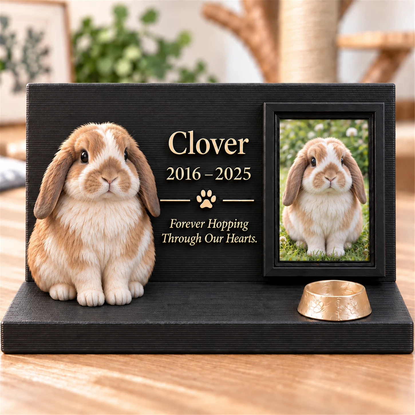Supplied pet keepsake design featuring a lop rabbit and optional memorial text