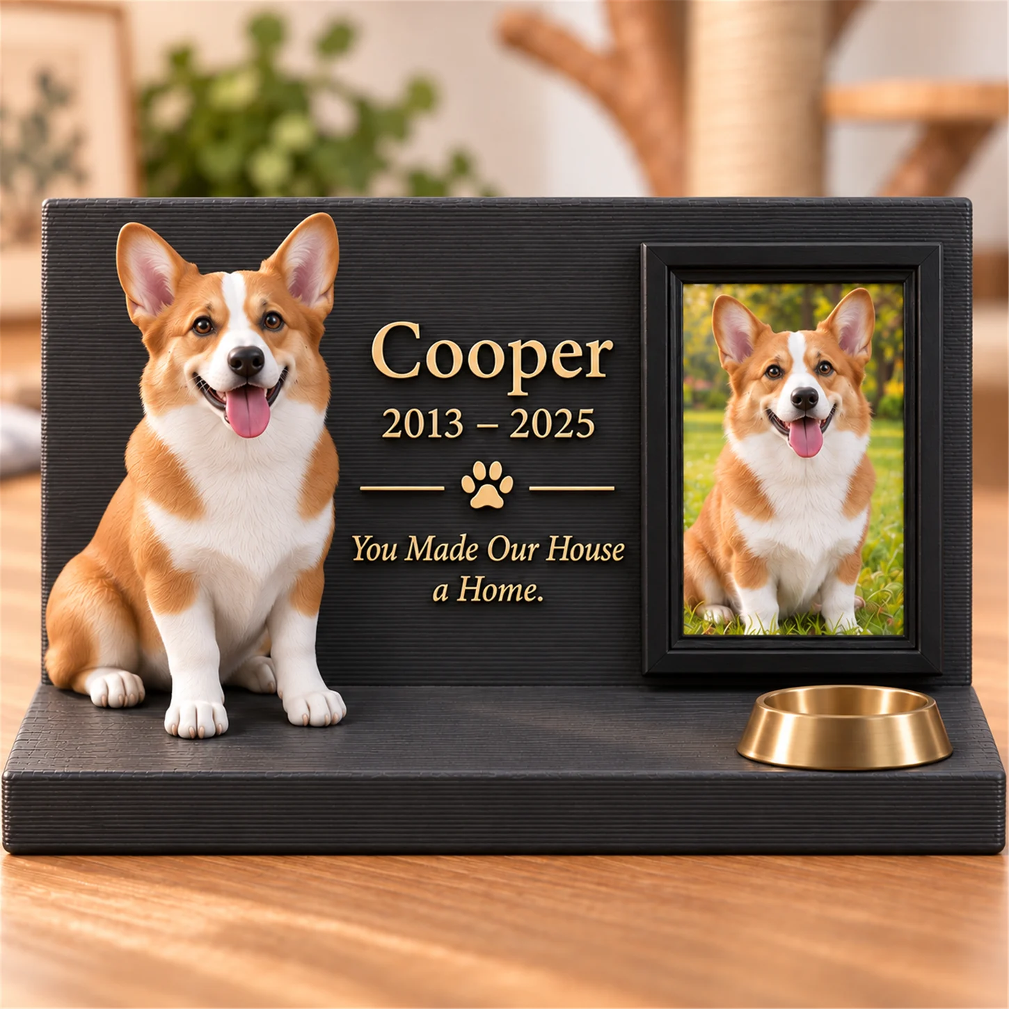 Supplied pet keepsake design featuring a corgi and optional memorial text