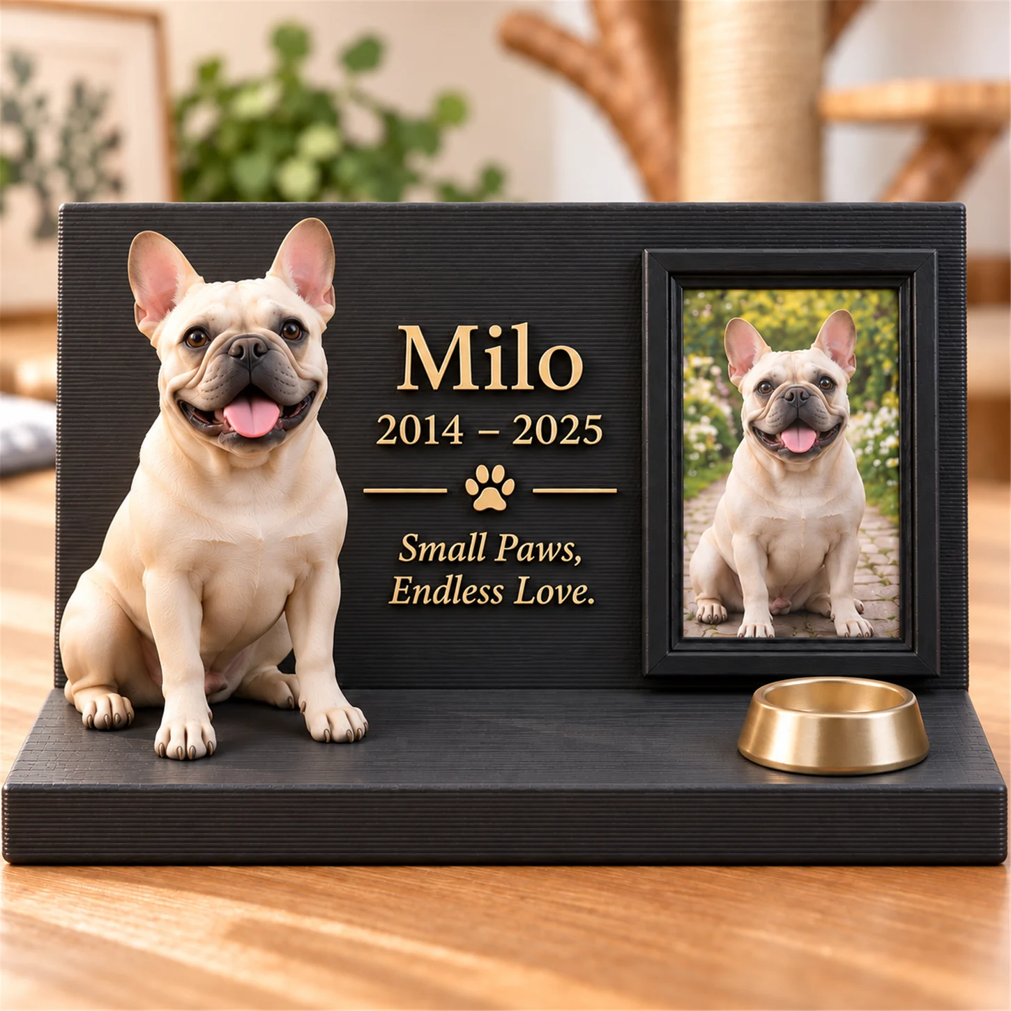 Supplied pet keepsake design featuring a cream French bulldog, name, years and short inscription