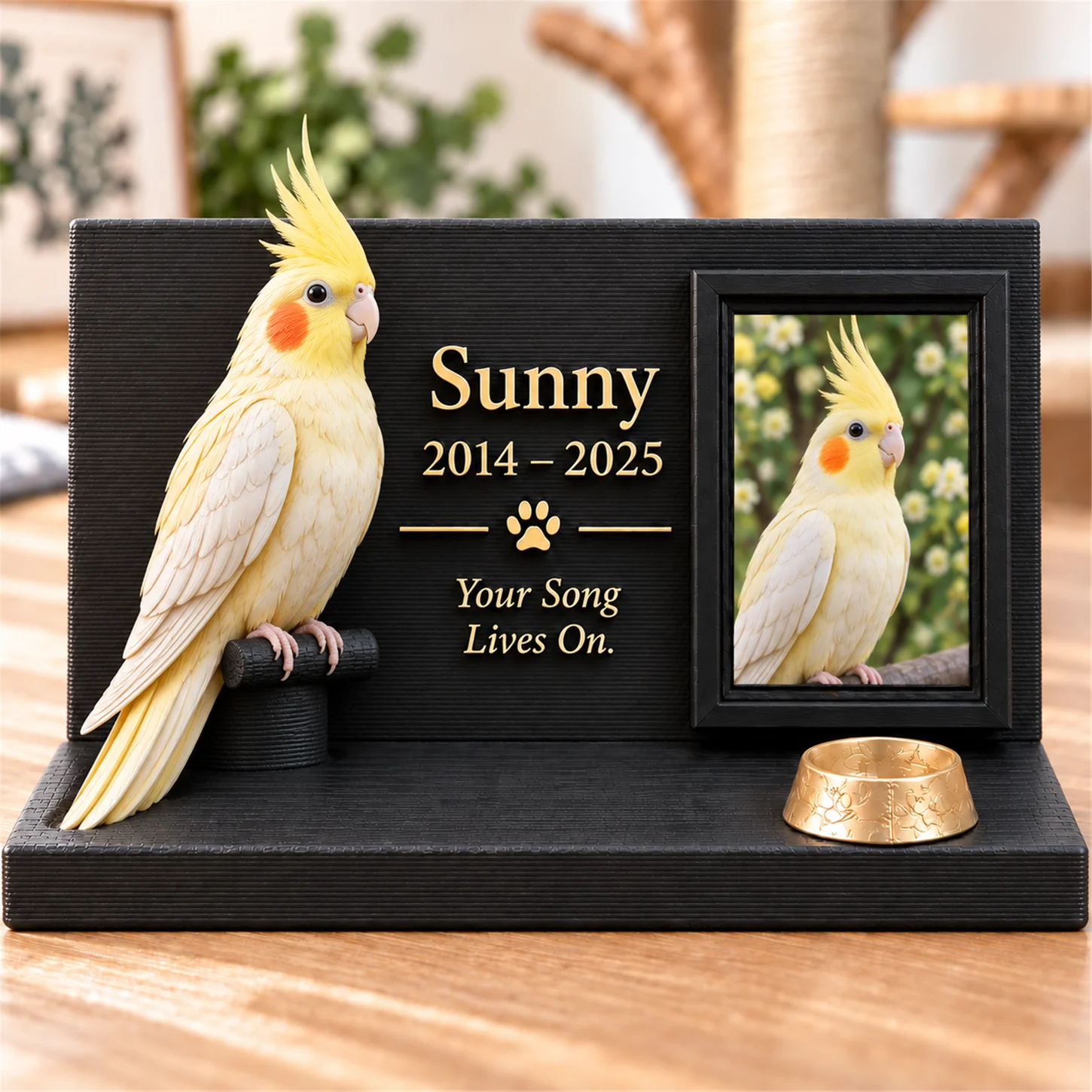 Supplied pet keepsake design featuring a yellow cockatiel and optional memorial text