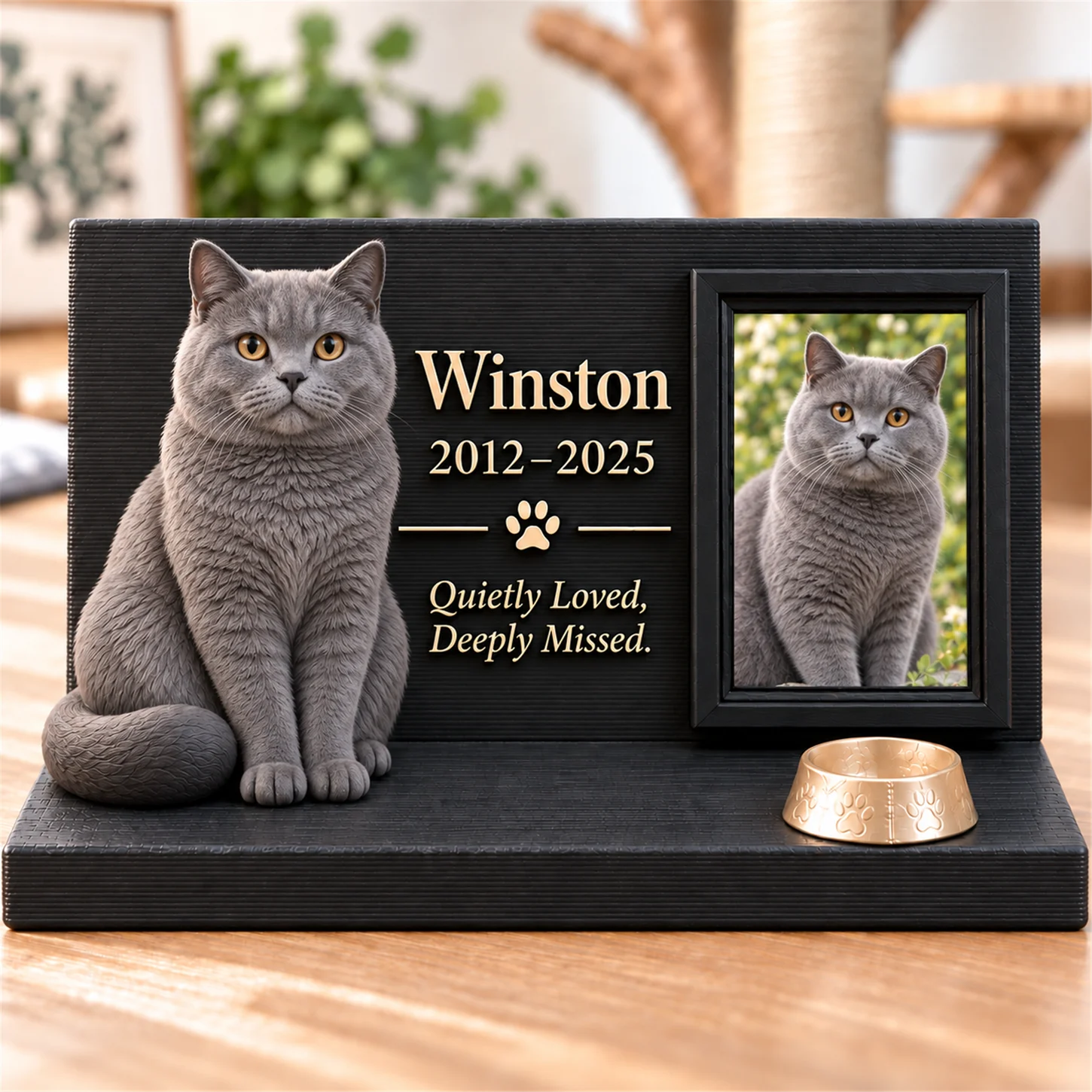 Supplied pet keepsake design featuring a blue British shorthair cat and optional memorial text
