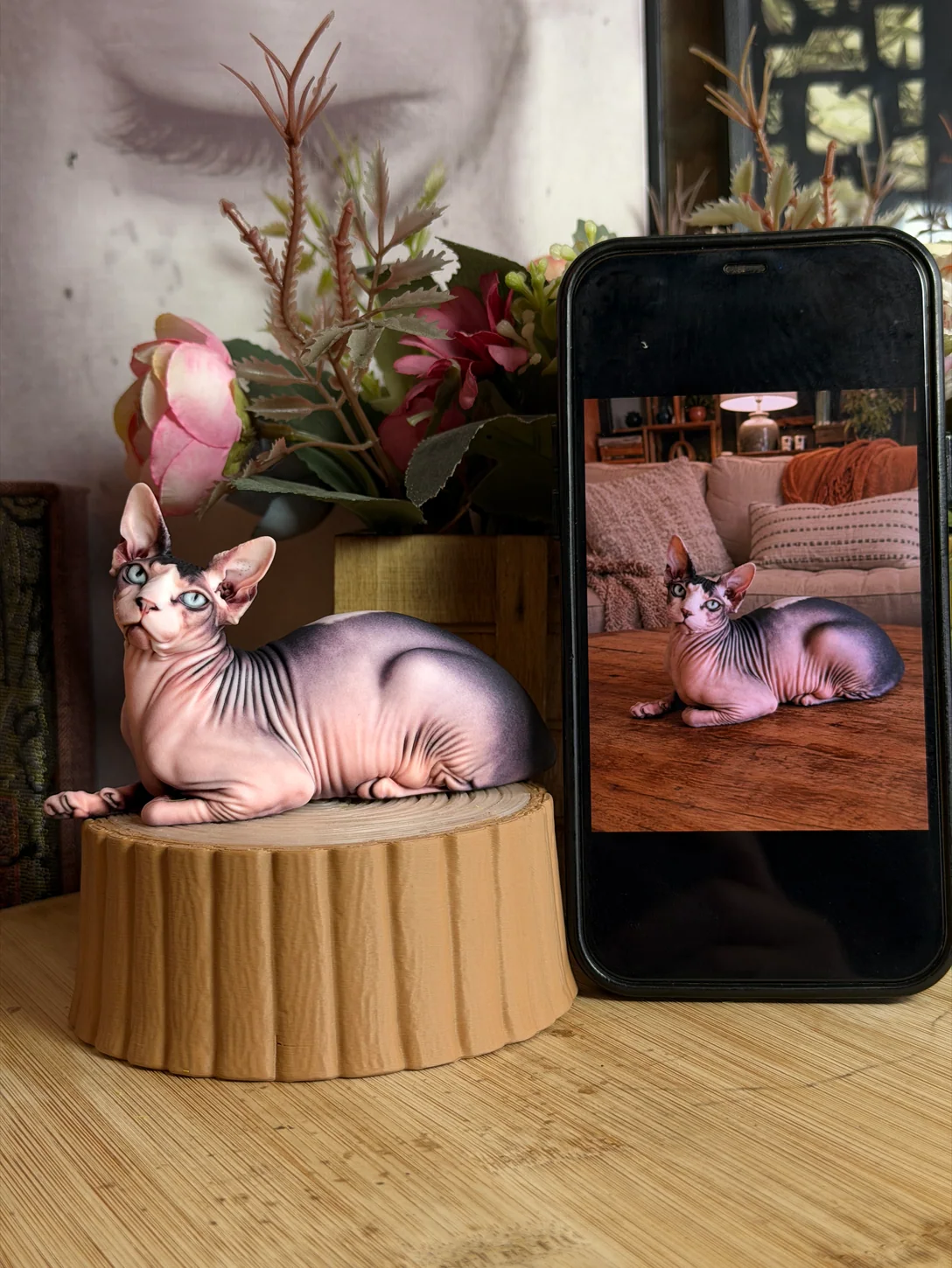 Hairless cat figurine beside a phone displaying its reference photo