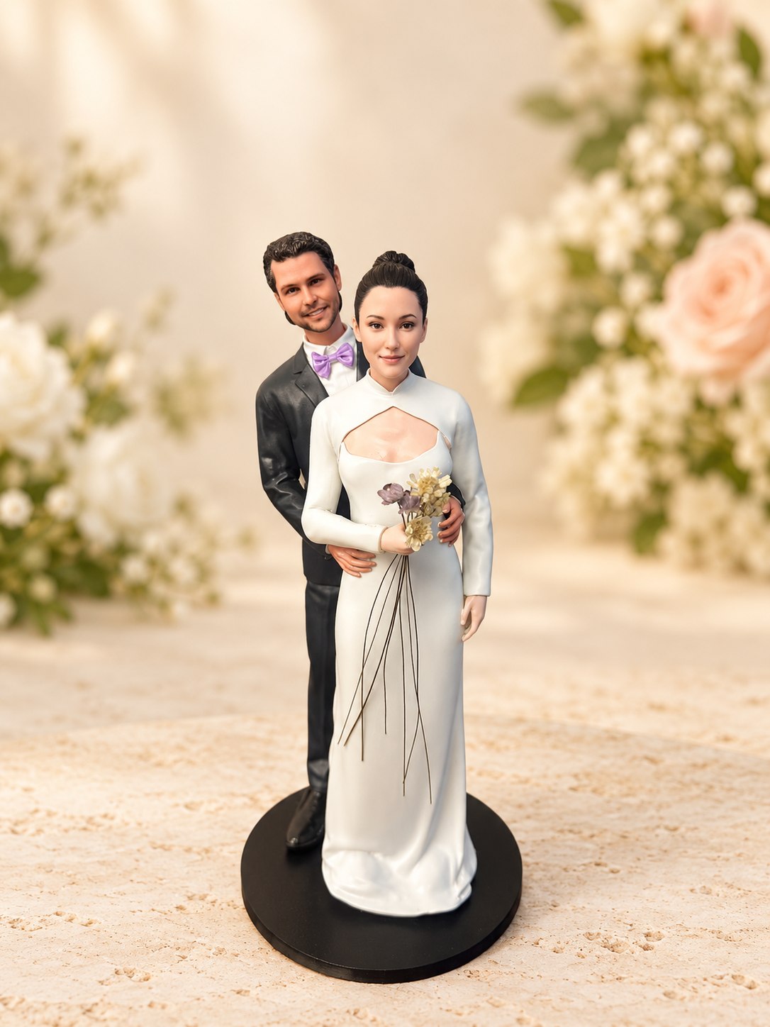 Custom bride and groom figurines with an AI-assisted studio background