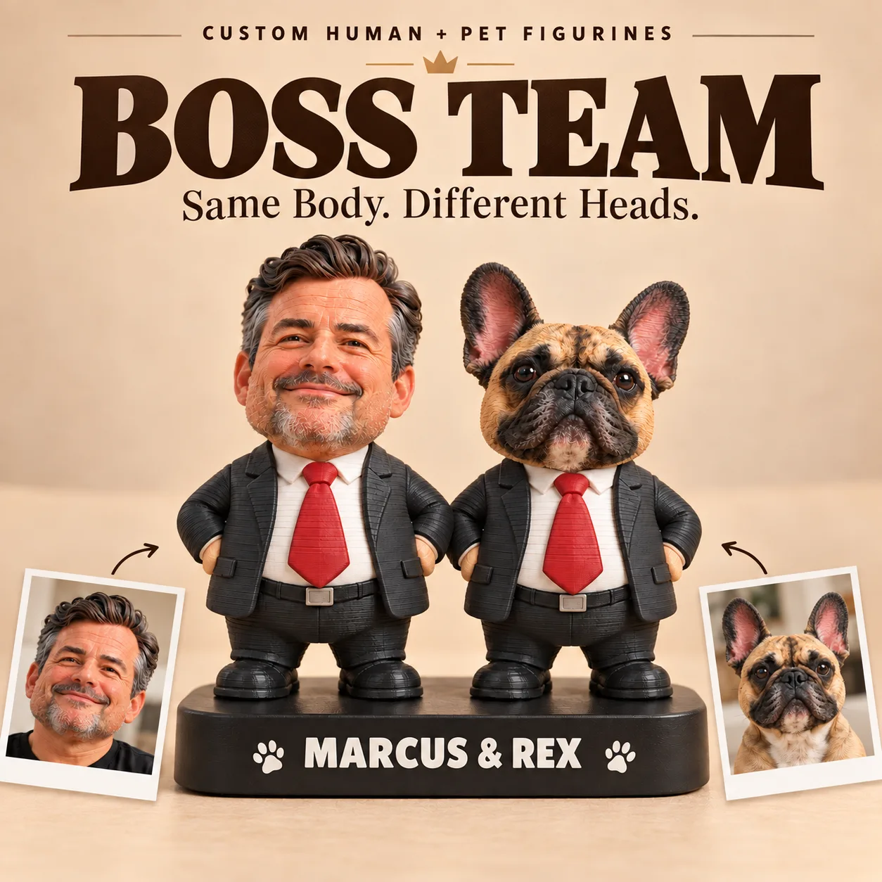 Styled Tiny CEO matching human and pet figurine design with example reference portraits