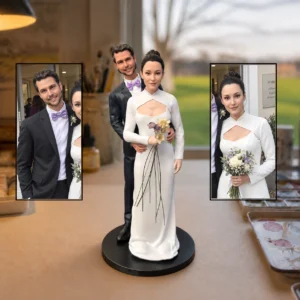 Wedding couple figurine with two reference portraits in a supplied comparison composition