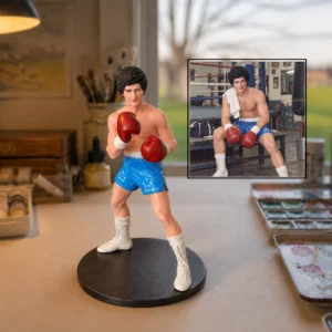 Boxing portrait figurine with its reference photo in a supplied comparison composition