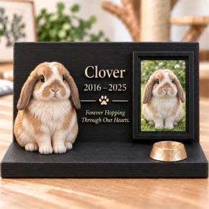 Supplied pet keepsake design featuring a lop rabbit and optional memorial text