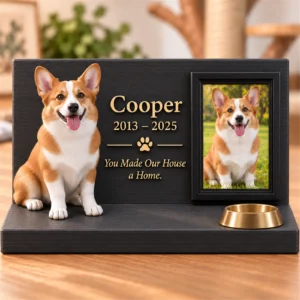 Supplied pet keepsake design featuring a corgi and optional memorial text