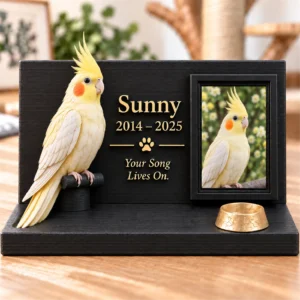 Supplied pet keepsake design featuring a yellow cockatiel and optional memorial text