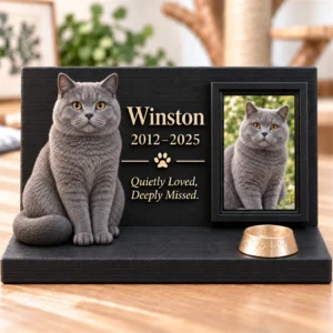 Supplied pet keepsake design featuring a blue British shorthair cat and optional memorial text